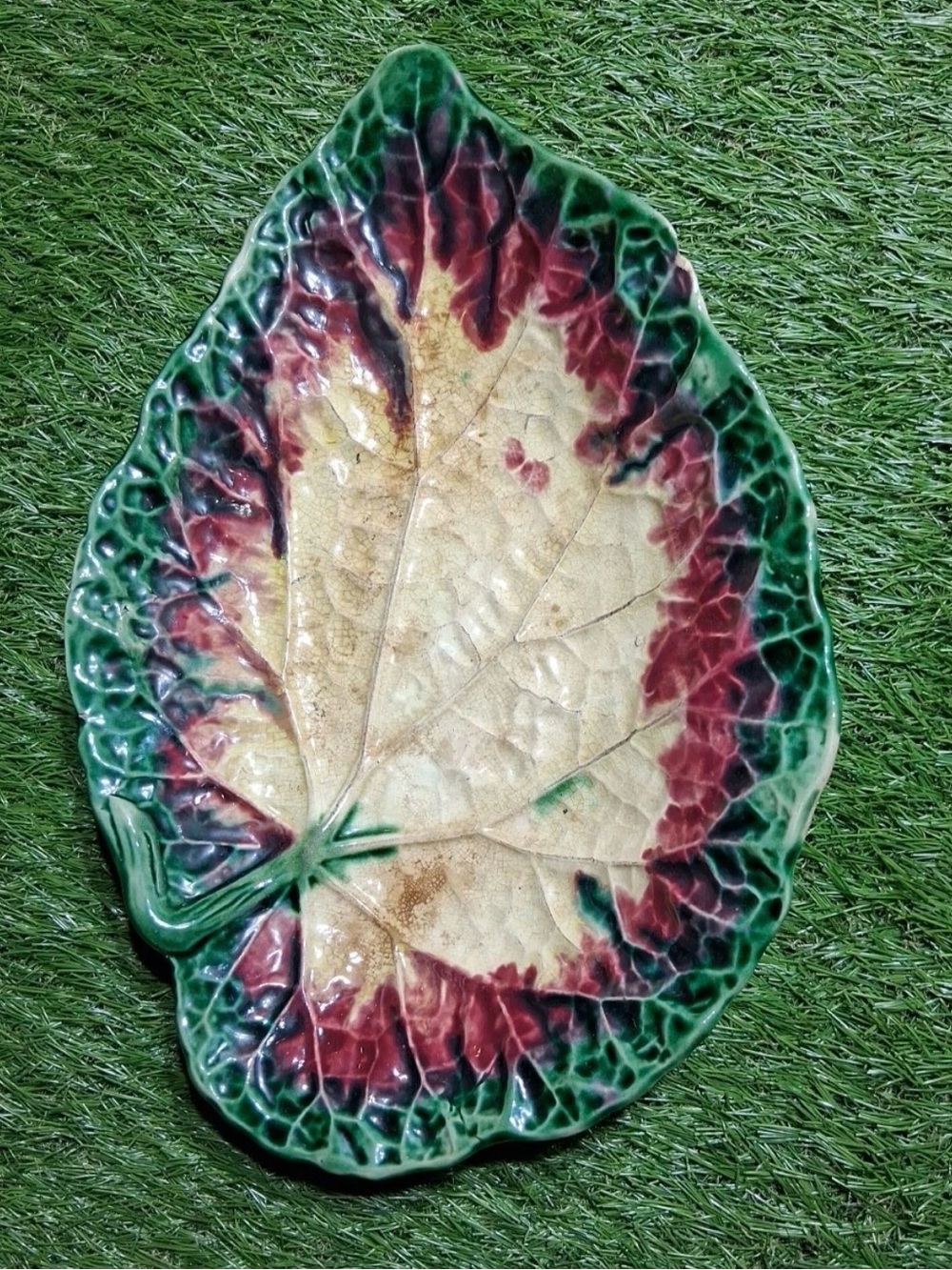Rare Unique Vintage Majolica Leaf Plate Antique Burgundy Yellow Green 8" x 12"